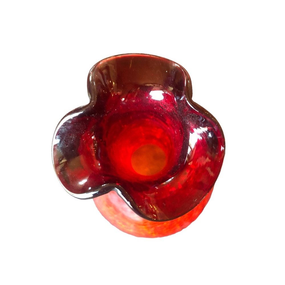 Vtg Ruby Red Amber Crackle Glass Hand Blown Bud Vase Ruffled Rim Applied Rigaree - Picture 10 of 16